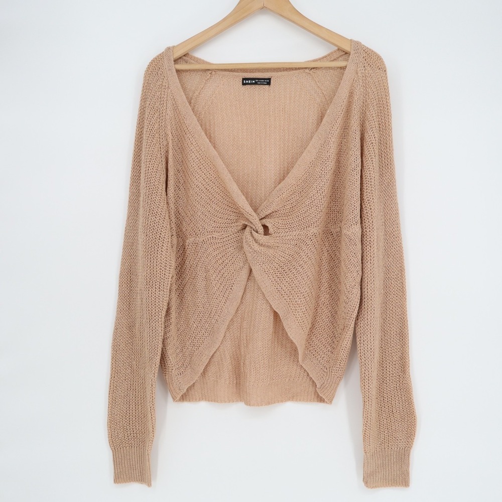 SHEIN Twist Front Sweater Womens Large Brown Open Knit Long Sleeve Pullover - Picture 2 of 6